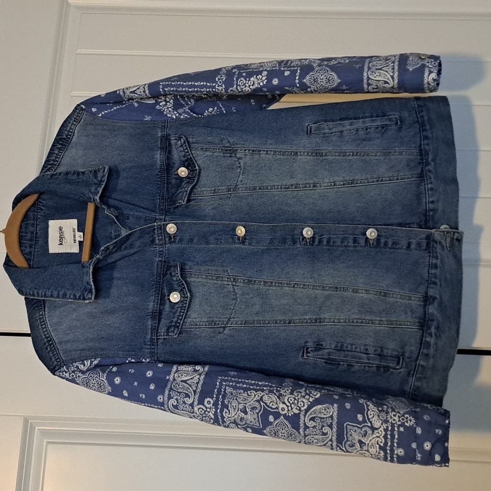 Kensie denim jacket with Paisley sleeve accent